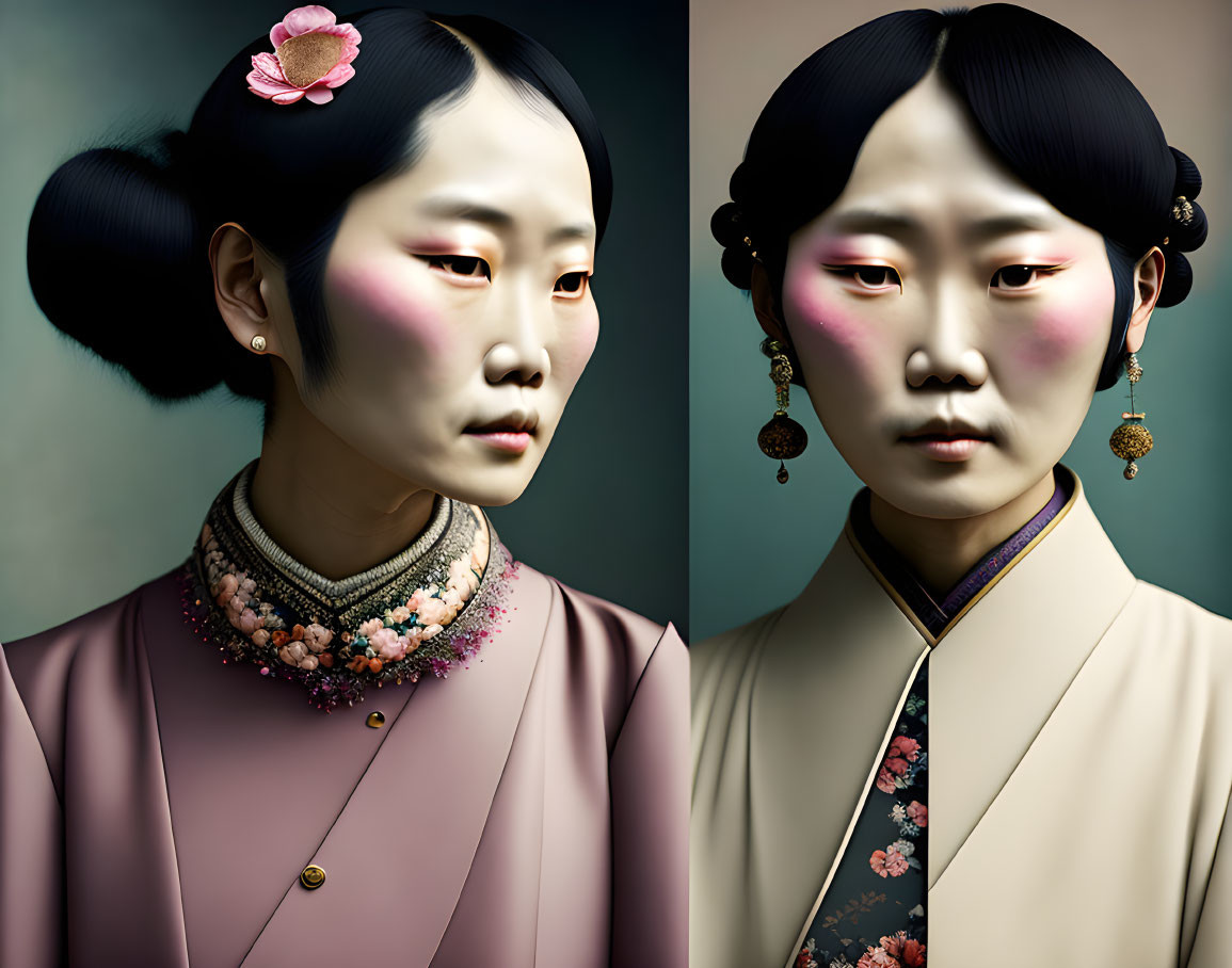 Dual portraits of a woman in East Asian attire with ornate earrings and floral hairpin