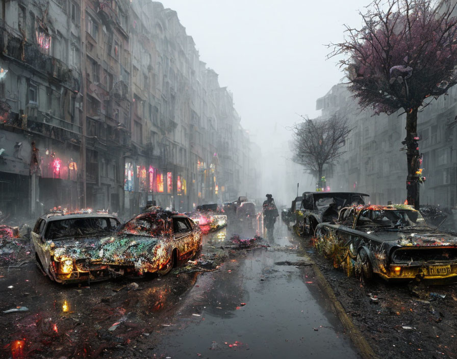 Desolate post-apocalyptic city street with damaged vehicles and debris