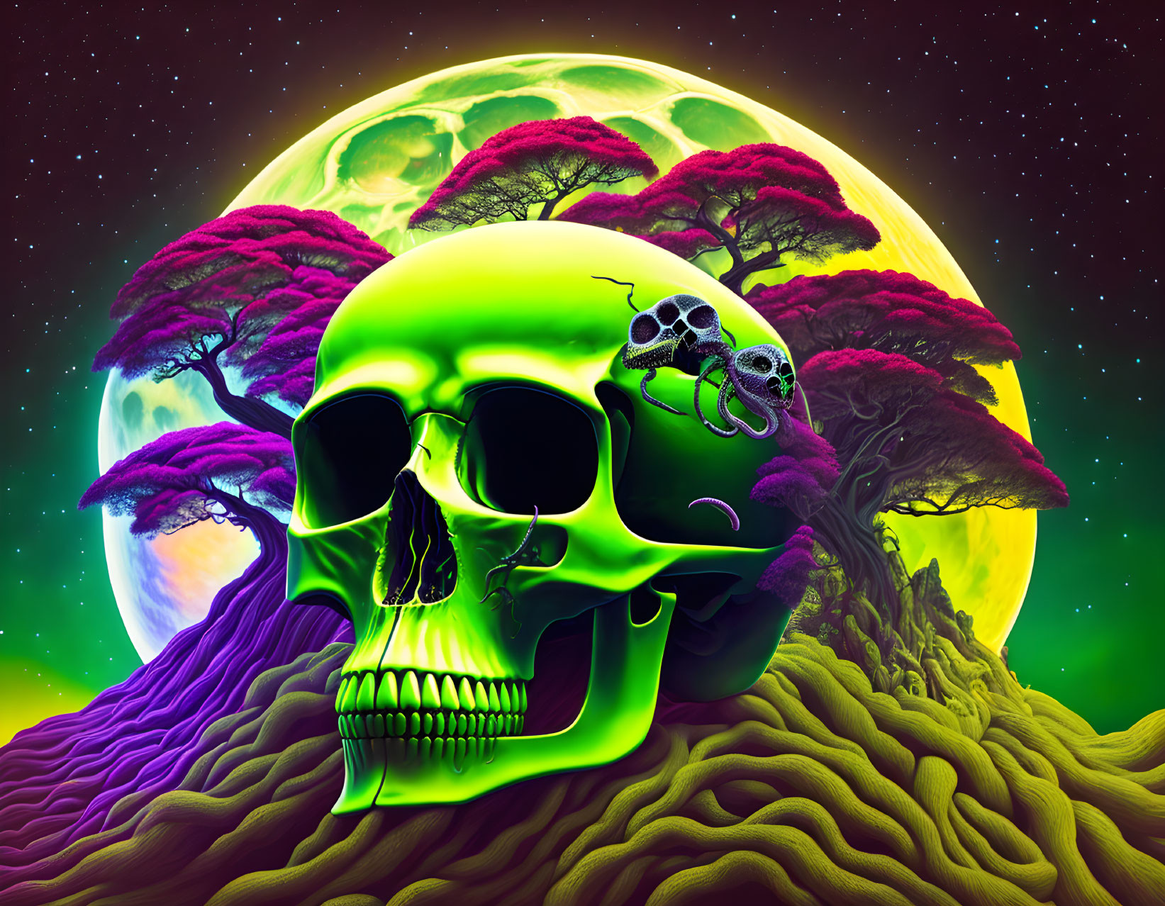 Neon green skull with purple trees on yellow moon background