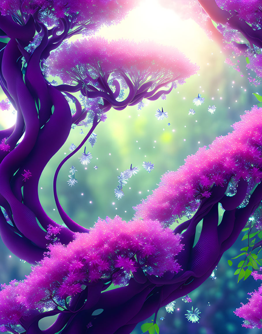 Fantasy illustration: Vibrant purple trees with pink foliage under soft light and magical dandelion seeds