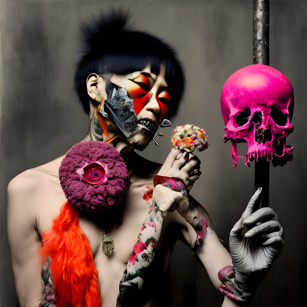 Person with avant-garde makeup and tattoos holding flower-adorned pink skull and dark floral object.