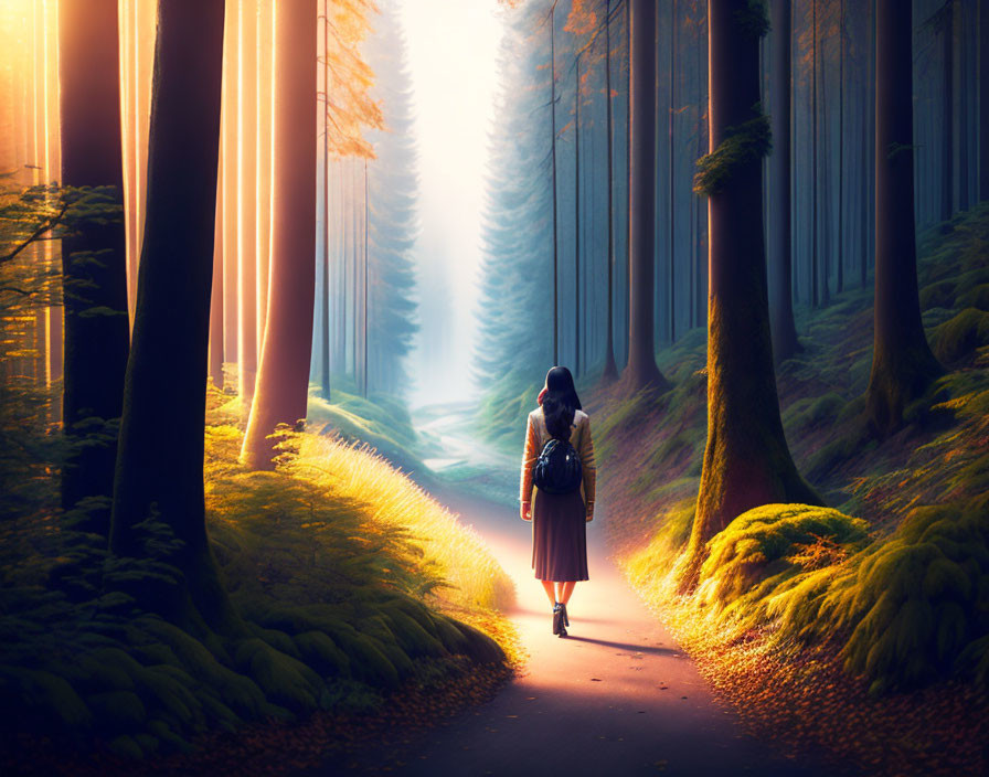 Hiker on forest path among tall trees with sunlight and fog