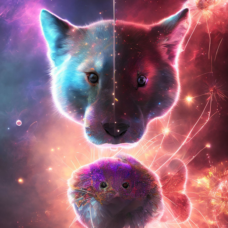 Digital artwork of cosmic wolf's face split in two, one side normal, one mystical, with colorful