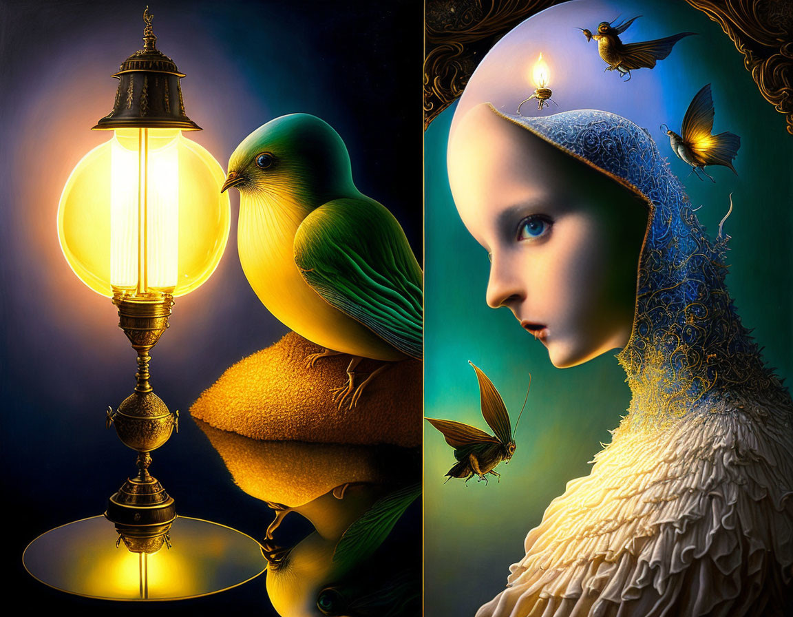 Surreal artwork with vintage lamp, green bird, woman, and flying birds