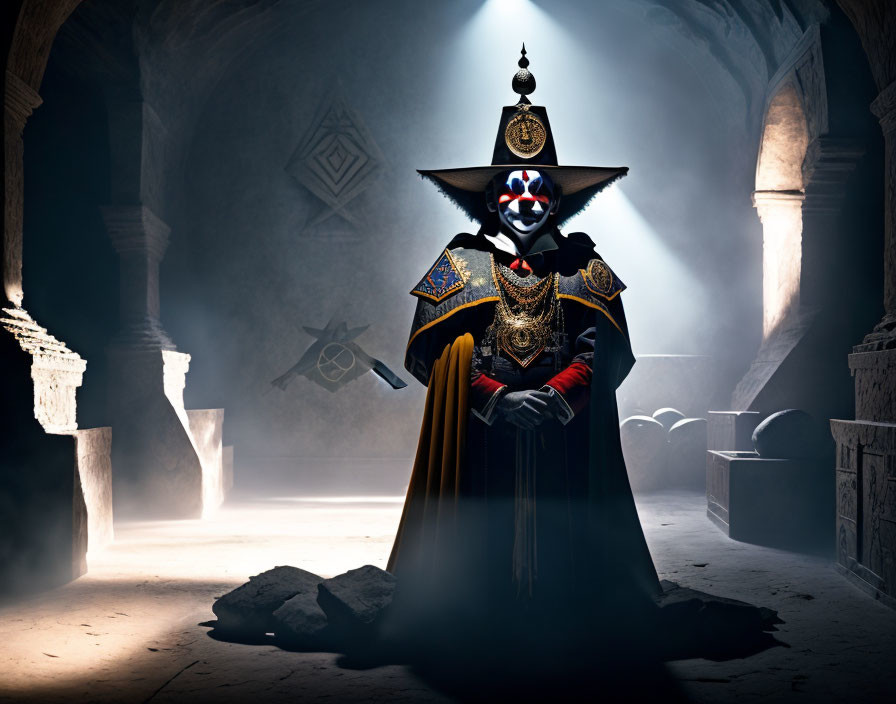 Mysterious Figure in Dark Robe and Ornate Mask in Gothic Corridor