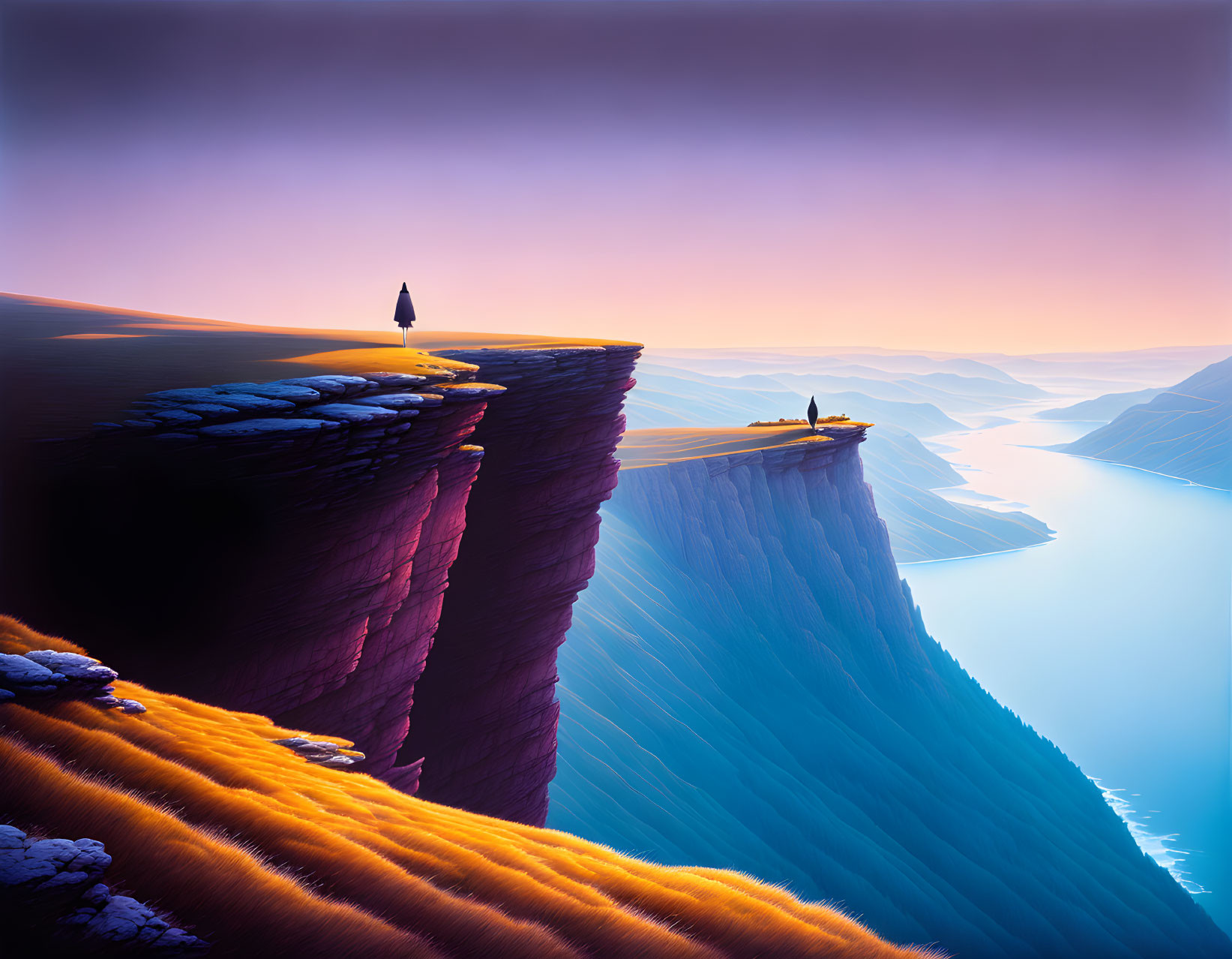 Person on Steep Cliff Overlooking Purple Cliffs and Blue River at Sunrise/Sunset