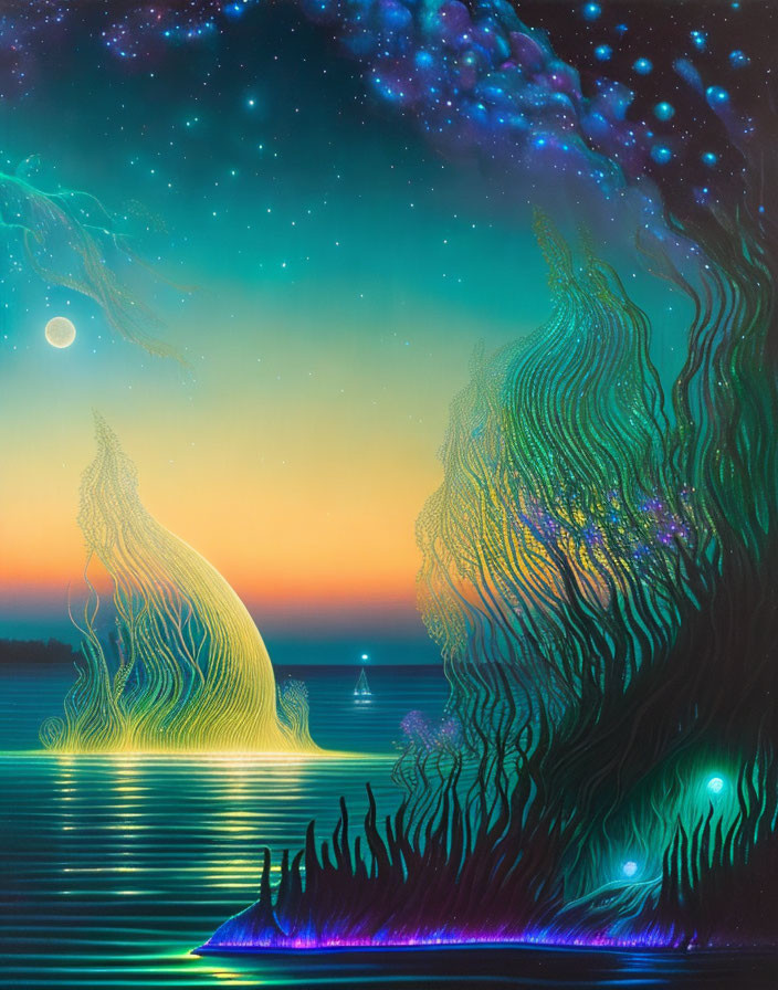 Vibrant night sky digital art with crescent moon and sea landscape