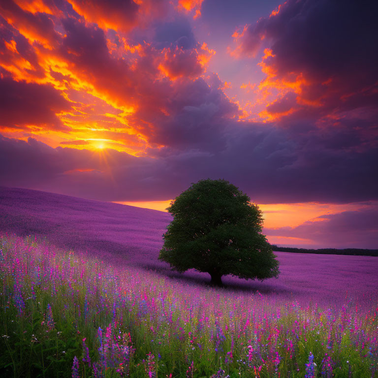 Fiery sunset sky over lush flower field with lone tree