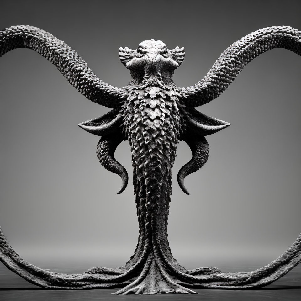 Dramatic grayscale sculpture of mythical creature with serpentine tails