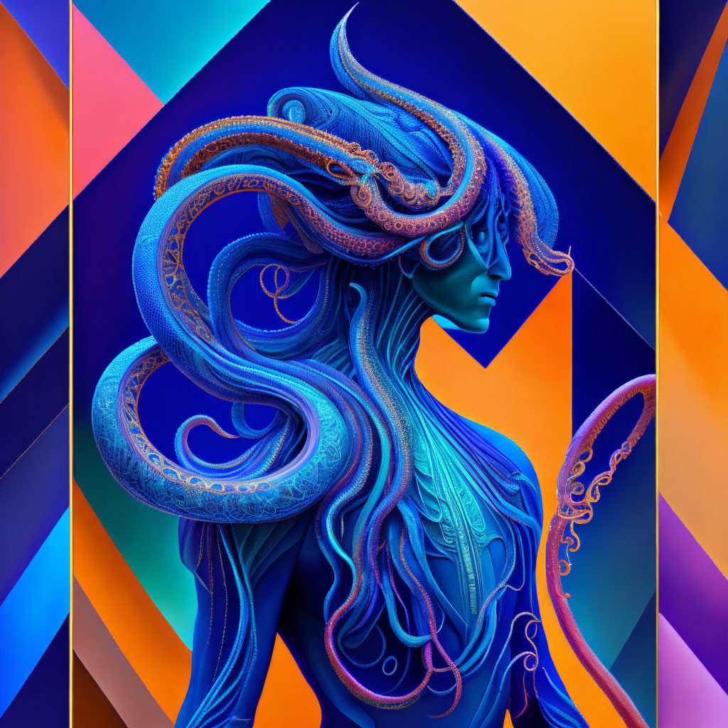 Blue-skinned character with swirling hair on multicolored background