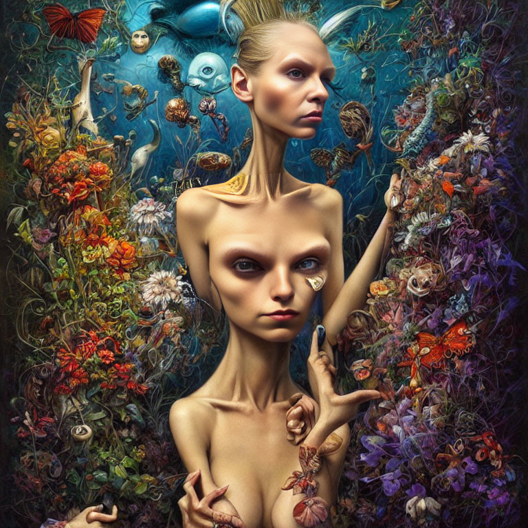 Colorful surreal portrait with flora, fauna, and fantastical creatures