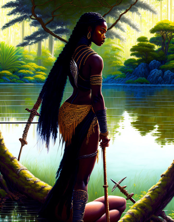 Woman with intricate braids holding a spear by serene lake