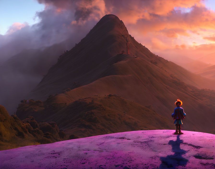 Child observing purple hill and sunlit mountain with clouds.