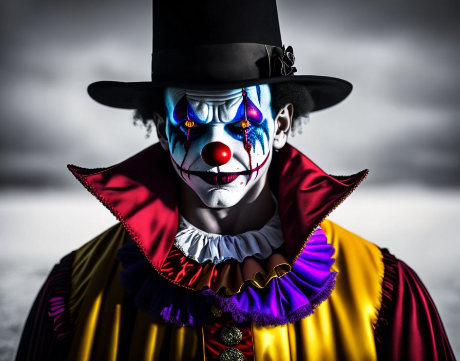 Colorful Clown in Vibrant Makeup and Costume on Cloudy Background