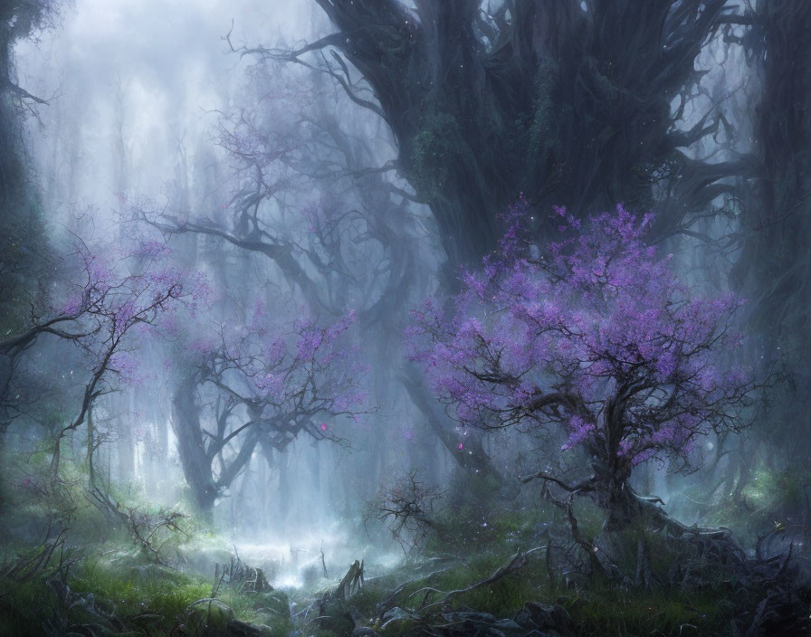 Enchanting foggy forest with ancient twisted trees and purple flowers.