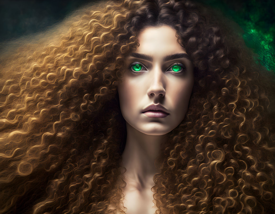 Portrait of woman with voluminous curly hair and green eyes in dark green setting