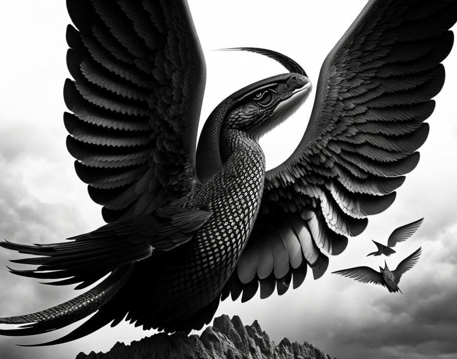 Monochromatic image of soaring bird above mountains