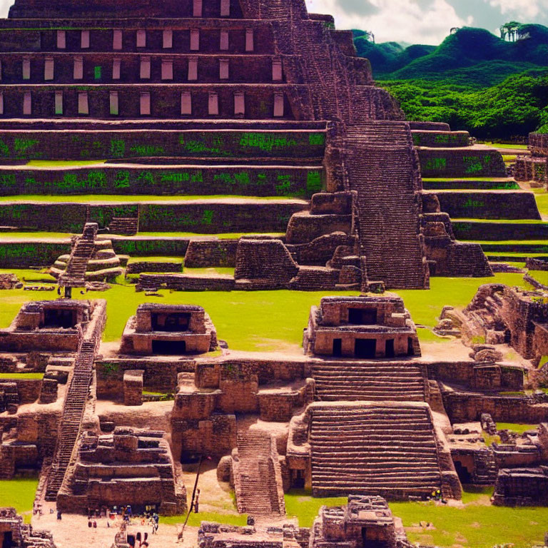 Ancient Mesoamerican pyramid and terraced ruins with tourists in lush green setting