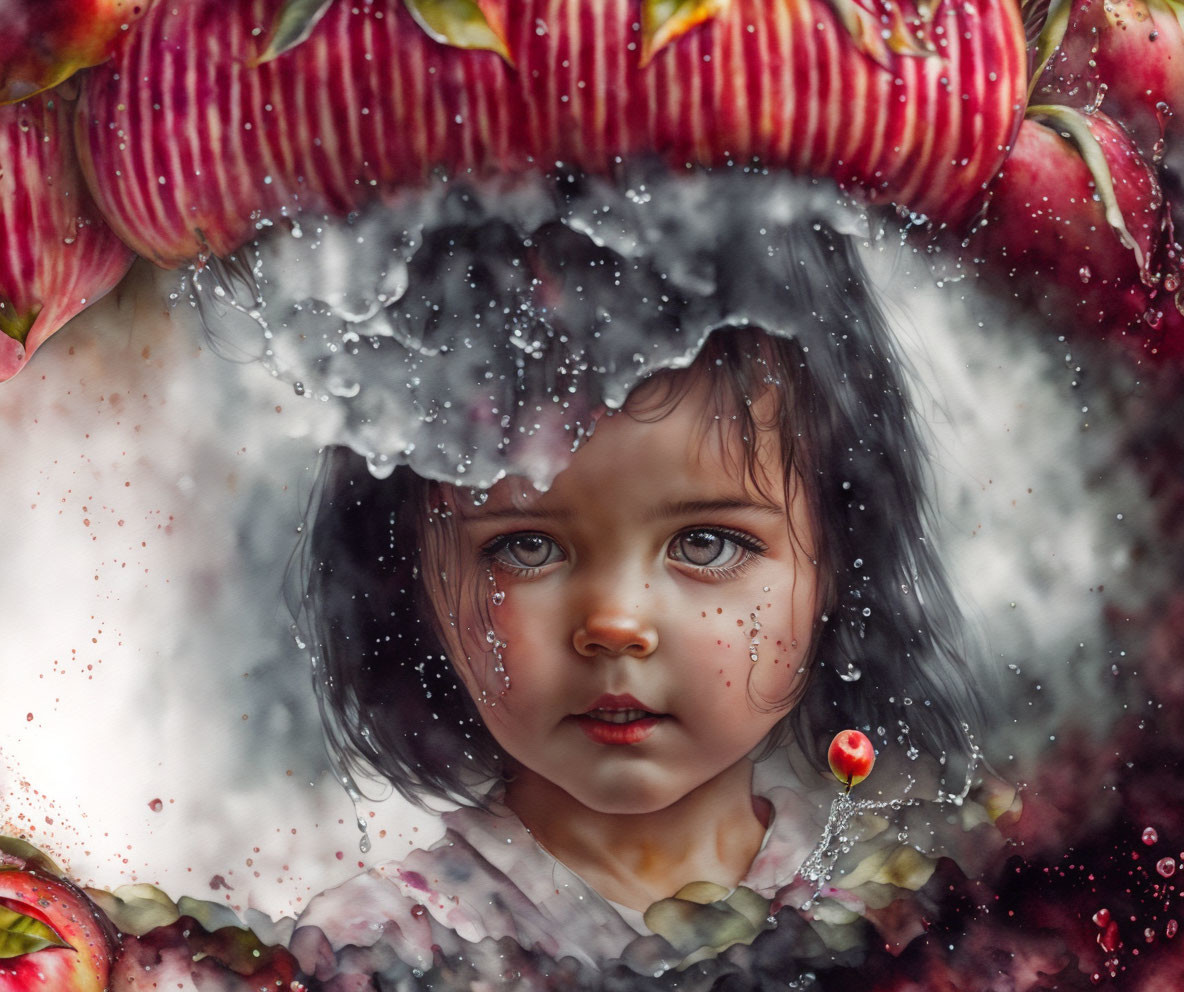 Young girl digital artwork with captivating eyes and surreal elements.