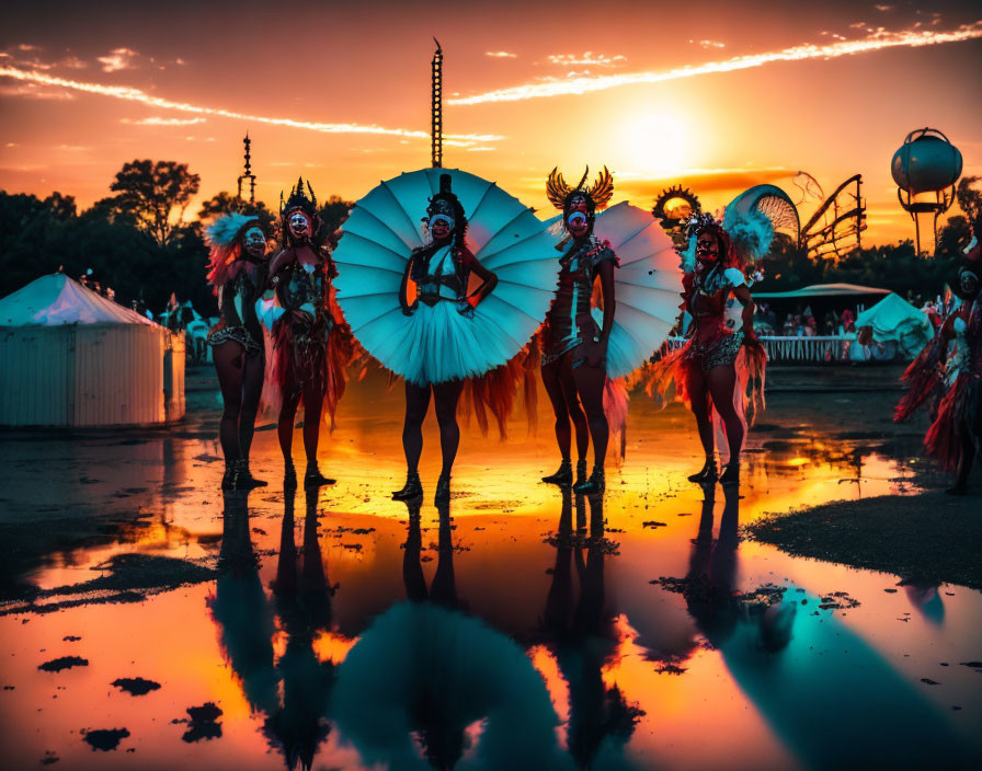 Colorful carnival performers in feathered costumes under sunset reflection.