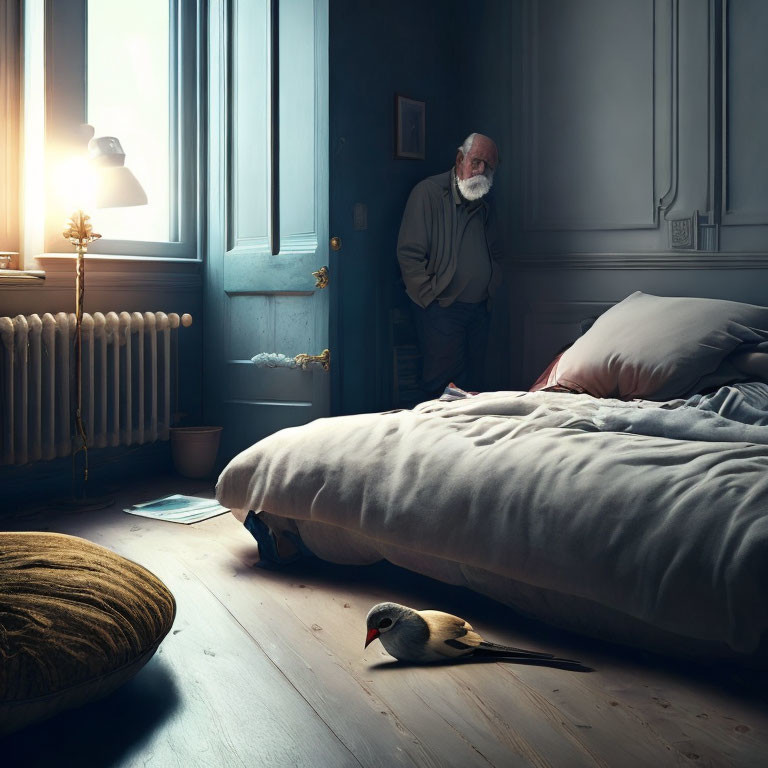 Elderly man in dimly lit bedroom gazes at bird near unmade bed