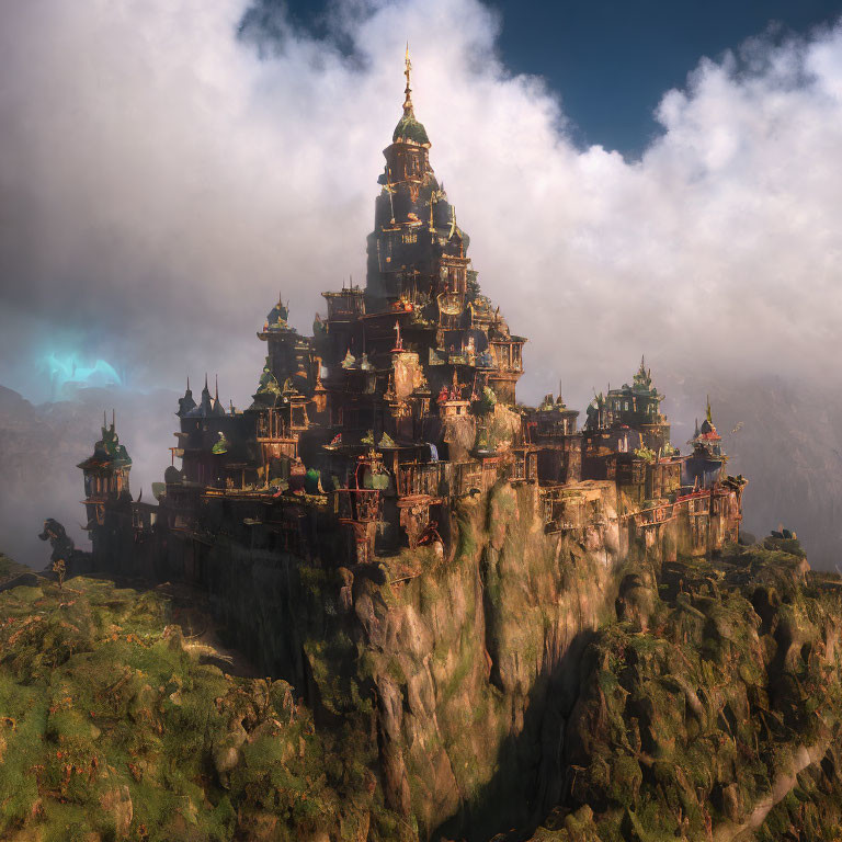 Palace on Steep Cliff with Spired Towers and Dramatic Sky