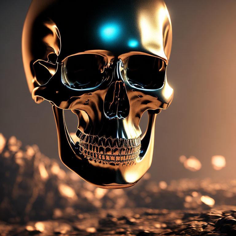 Shiny metallic skull 3D rendering with blue light reflection