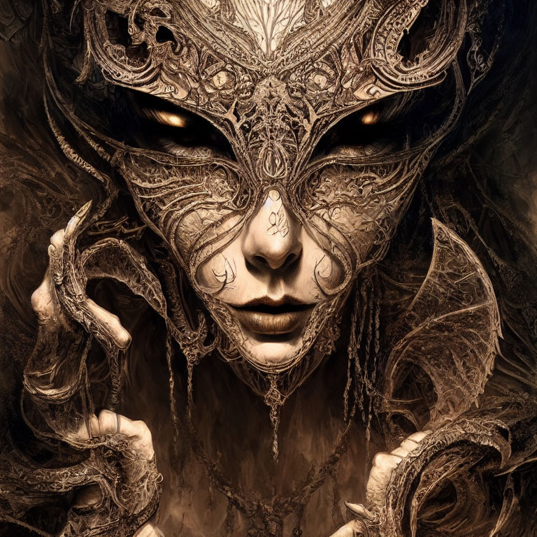 Elaborate Metallic Mask with Ominous Eyes and Claw-like Fingers