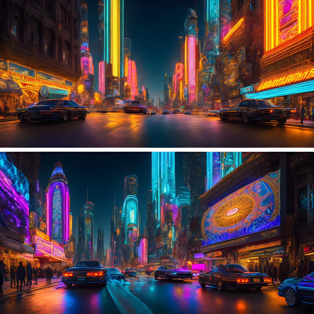 Vibrant Cyberpunk Cityscape at Night with Neon Lights