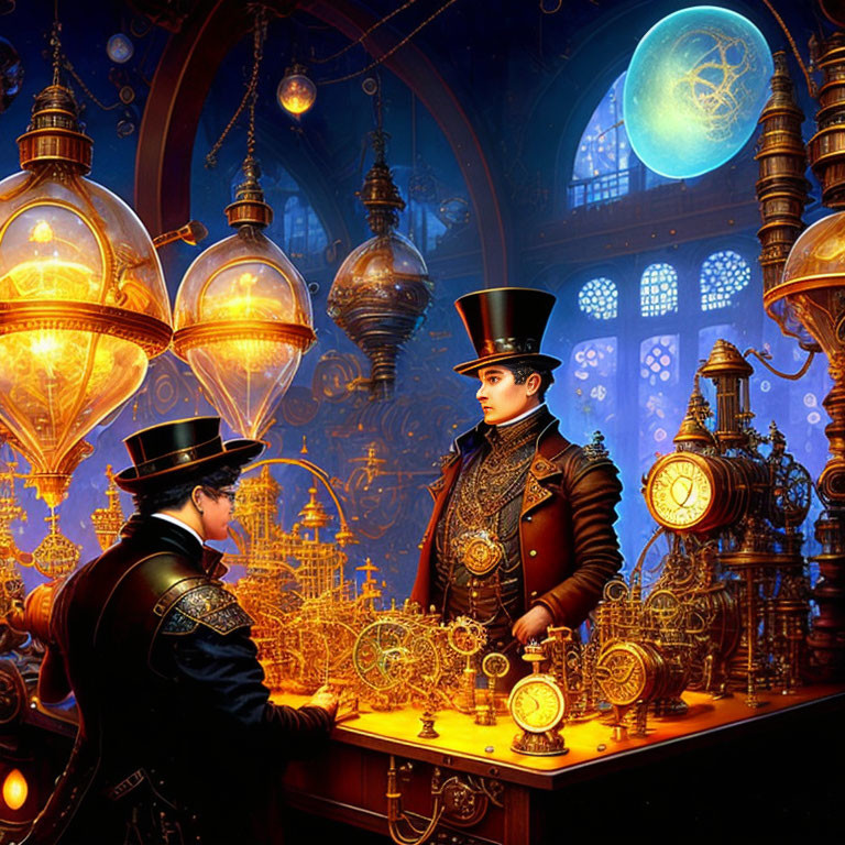 Steampunk-themed artwork features two individuals exploring mechanical devices in a colorful room.