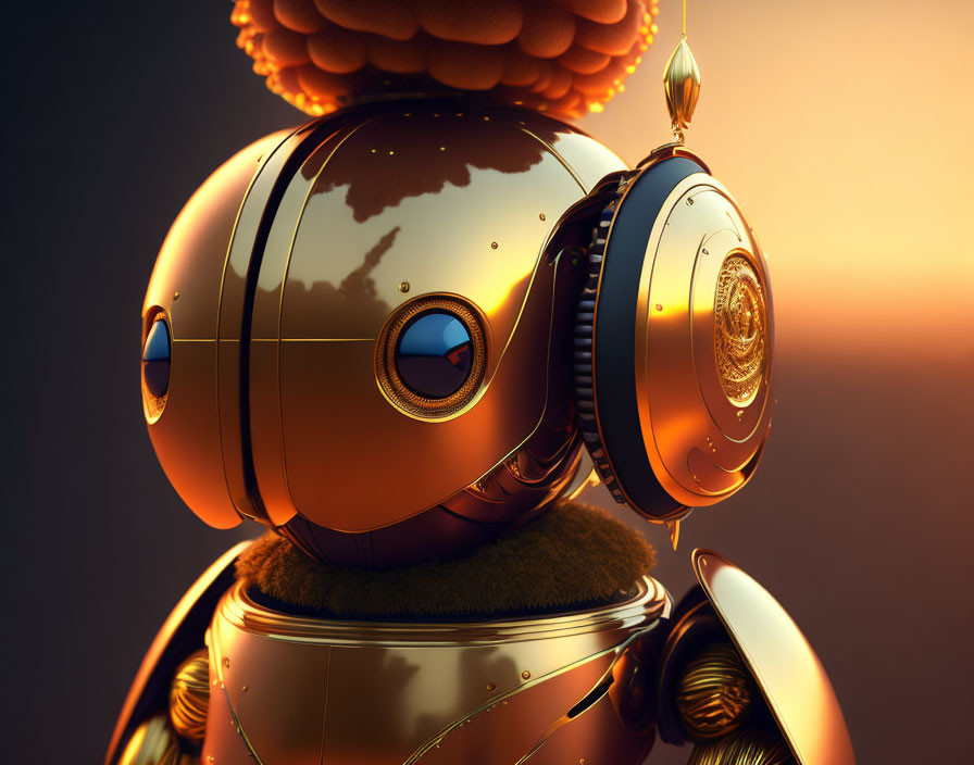 Detailed Gold Robot with Spherical Segments and Blue Glowing Eyes