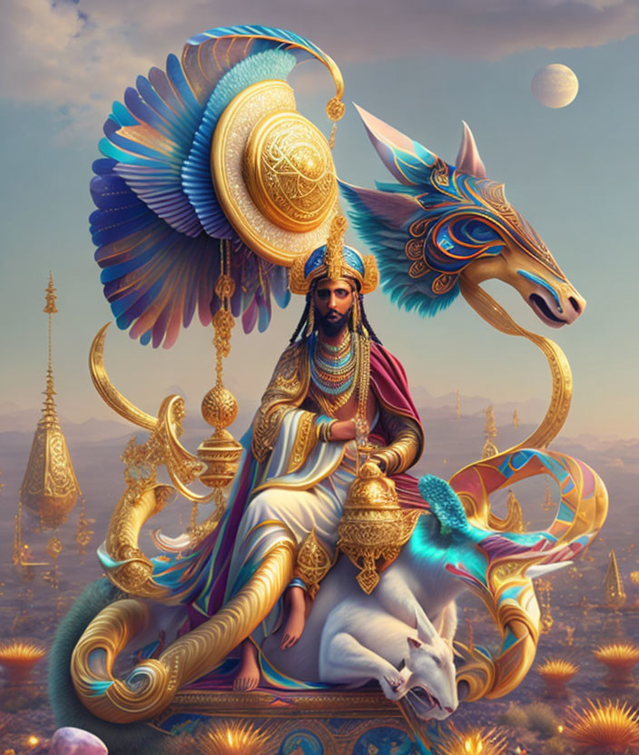 Regal figure on ornate winged steed in fantastical setting