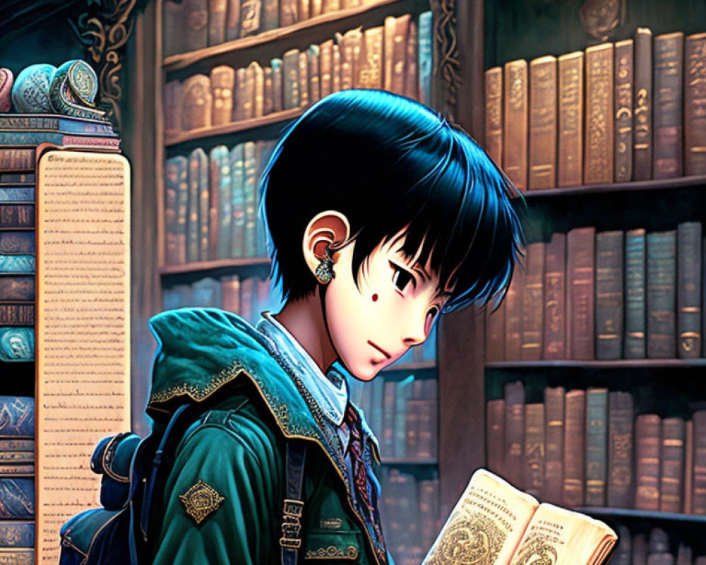 Short-Haired Animated Character Reading Book in Ancient Tome-Filled Library