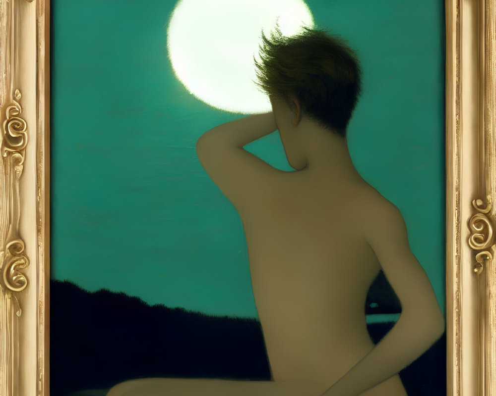 Person admiring full moon in turquoise sky with golden borders