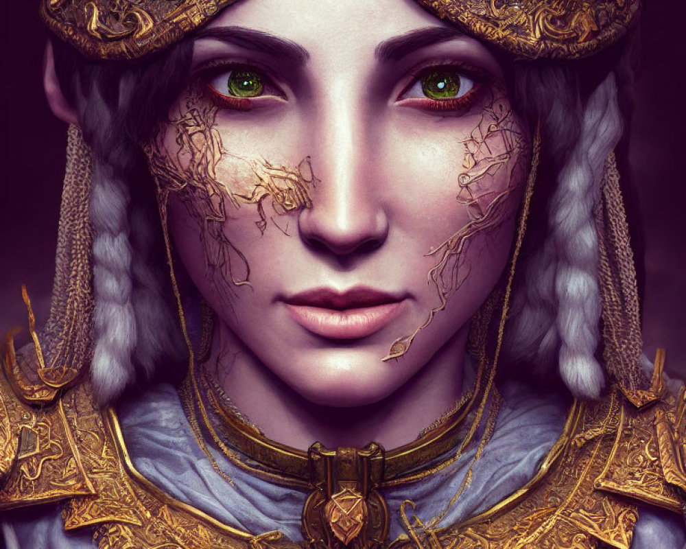 Portrait of woman with green eyes, gold headpiece, cracked skin, purple garment.