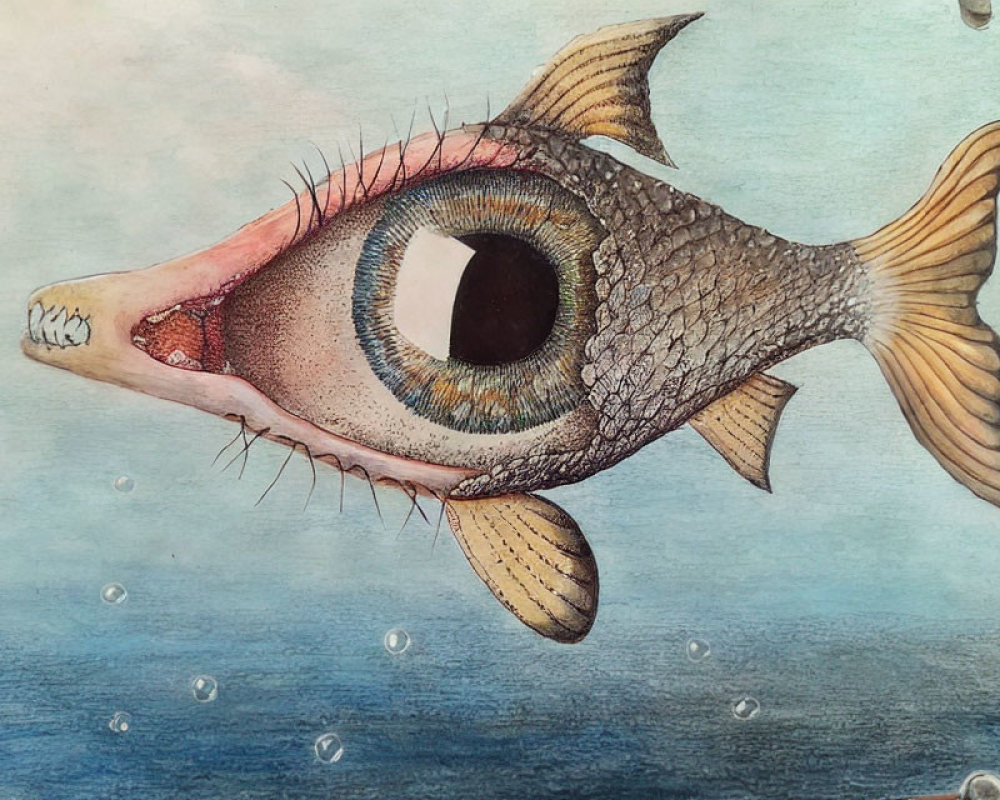 Surreal artwork: fish with detailed human eye as head