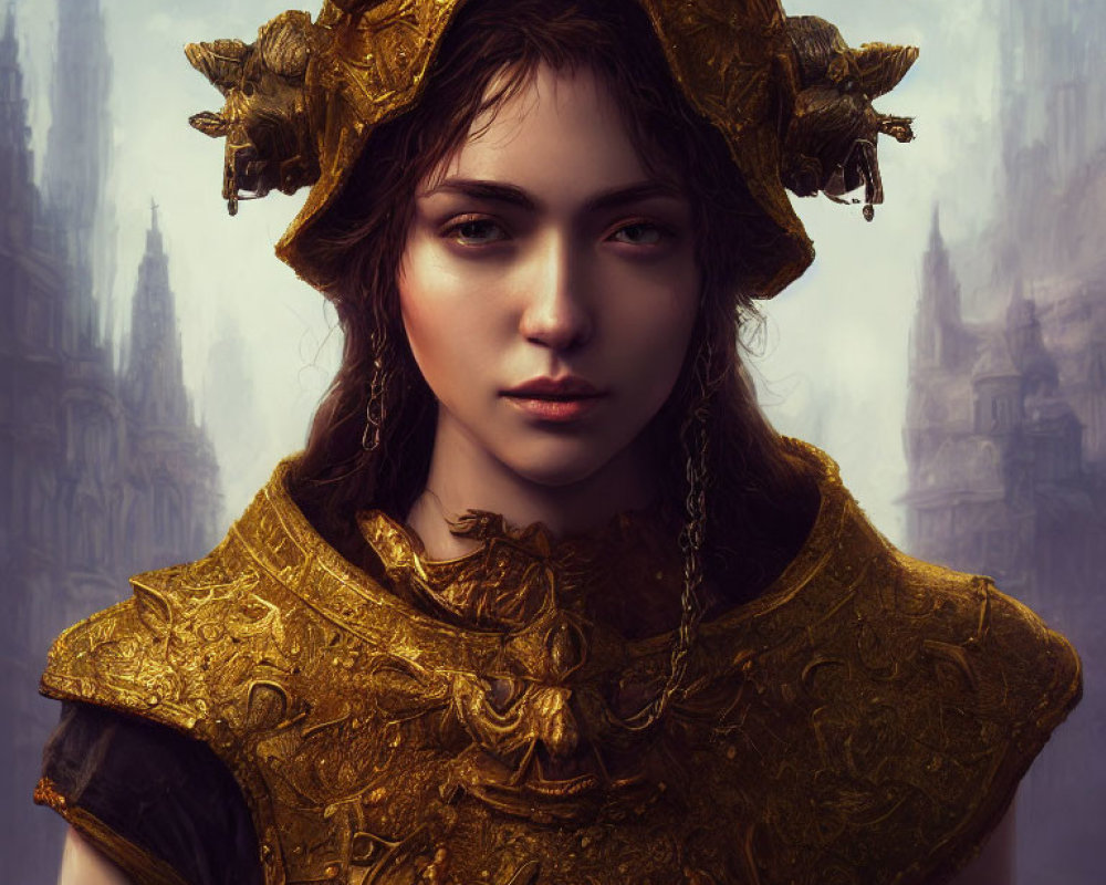 Striking eyes person in golden armor against gothic backdrop