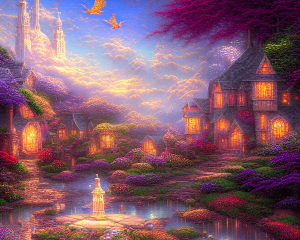 Fantastical landscape with illuminated cottages, castle, and flowering trees