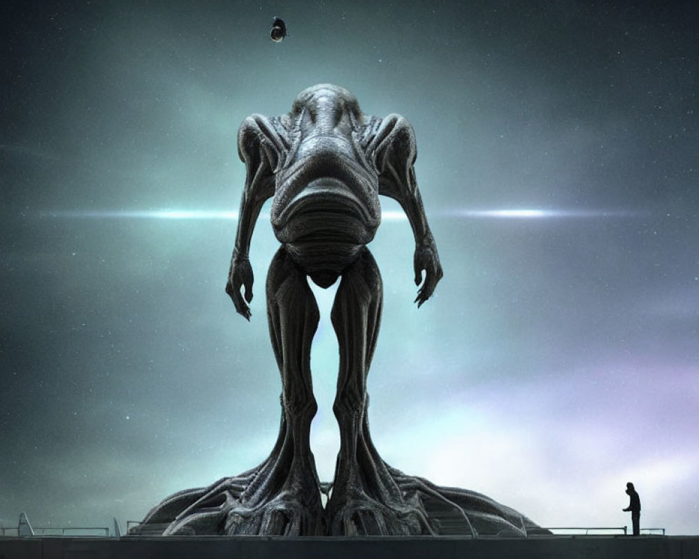 Giant alien creature faces human on platform with spaceship in cosmic scene