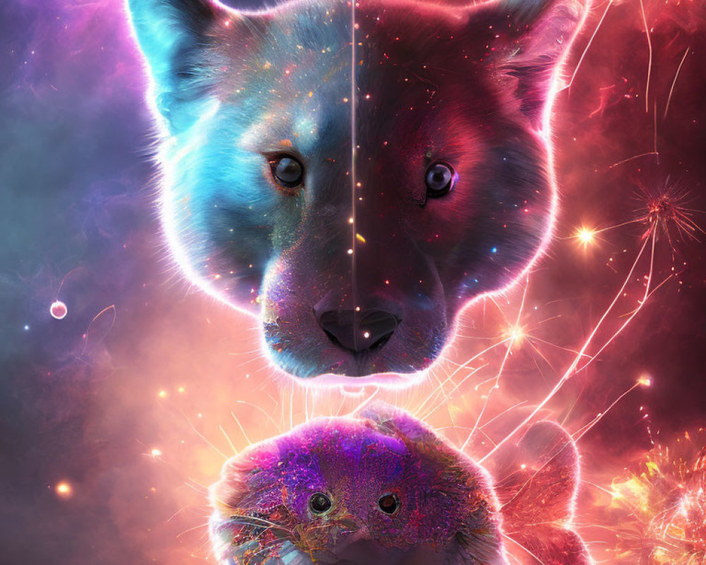 Digital artwork of cosmic wolf's face split in two, one side normal, one mystical, with colorful