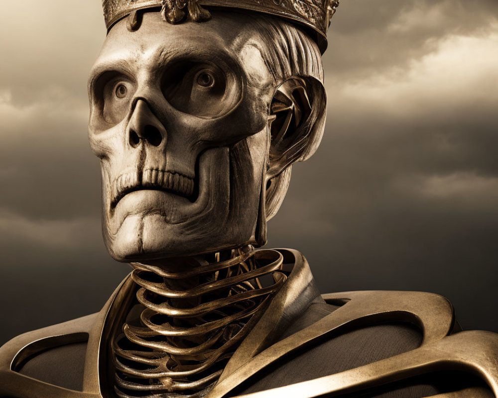 Regal skeletal figure in golden armor under dramatic sky