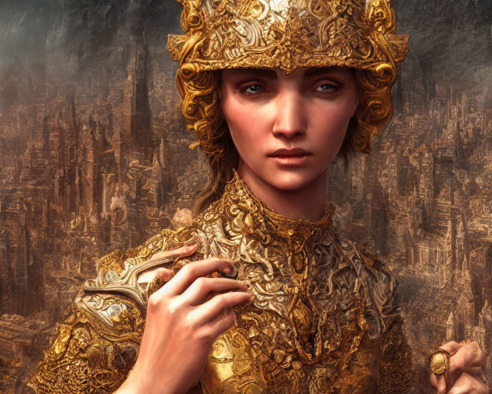 Blue-eyed woman in ornate gold armor against detailed cityscape and mountains.