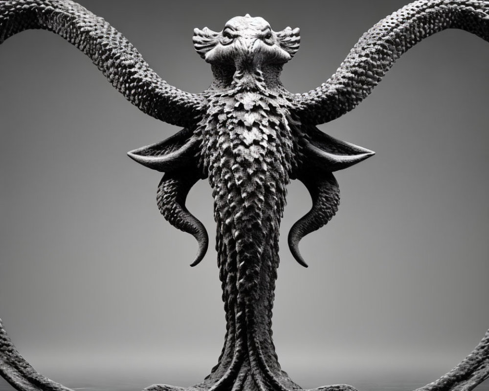 Dramatic grayscale sculpture of mythical creature with serpentine tails