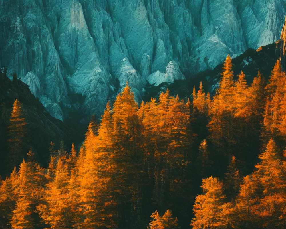 Vibrant autumn forest with shadowy mountains