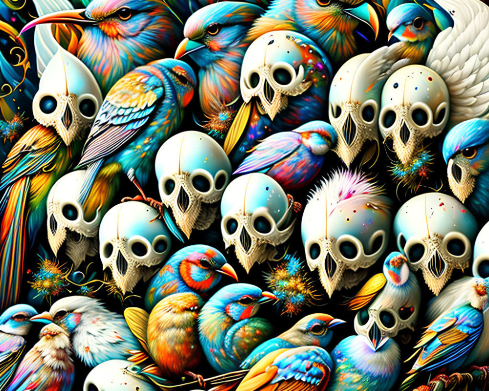 Colorful Psychedelic Bird and Skull Illustration with Detailed Intricacies