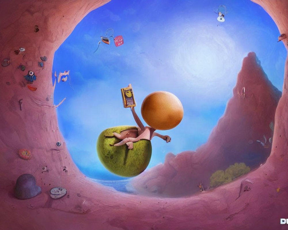 Surreal image of person with apple-head painting orange sphere in whimsical cavern