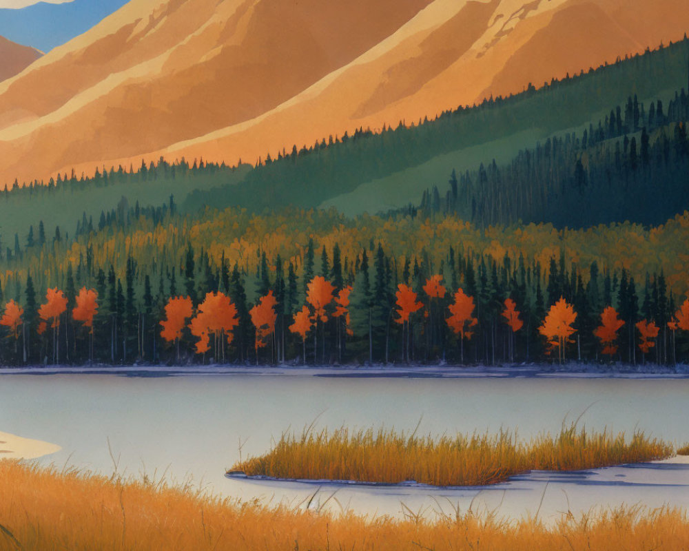 Tranquil landscape painting: lake, meadow, autumn forest, mountains, clear sky