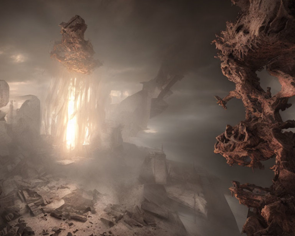 Ethereal landscape with towering rocks, warm glow, and mist.