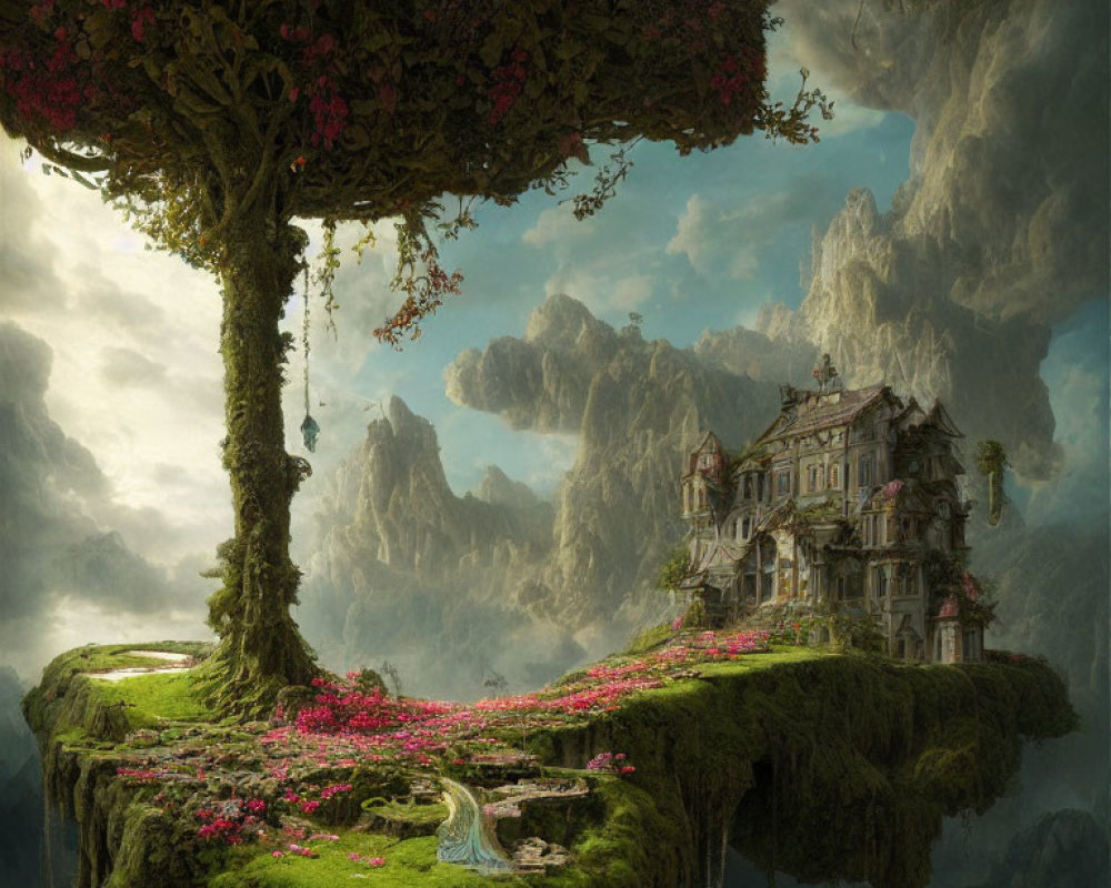 Fantasy landscape with floating island, elegant house, pink trees, waterfall, mountains, and cloudy sky