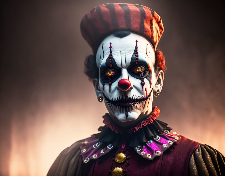 Clown in dramatic makeup and striped hat on smoky background